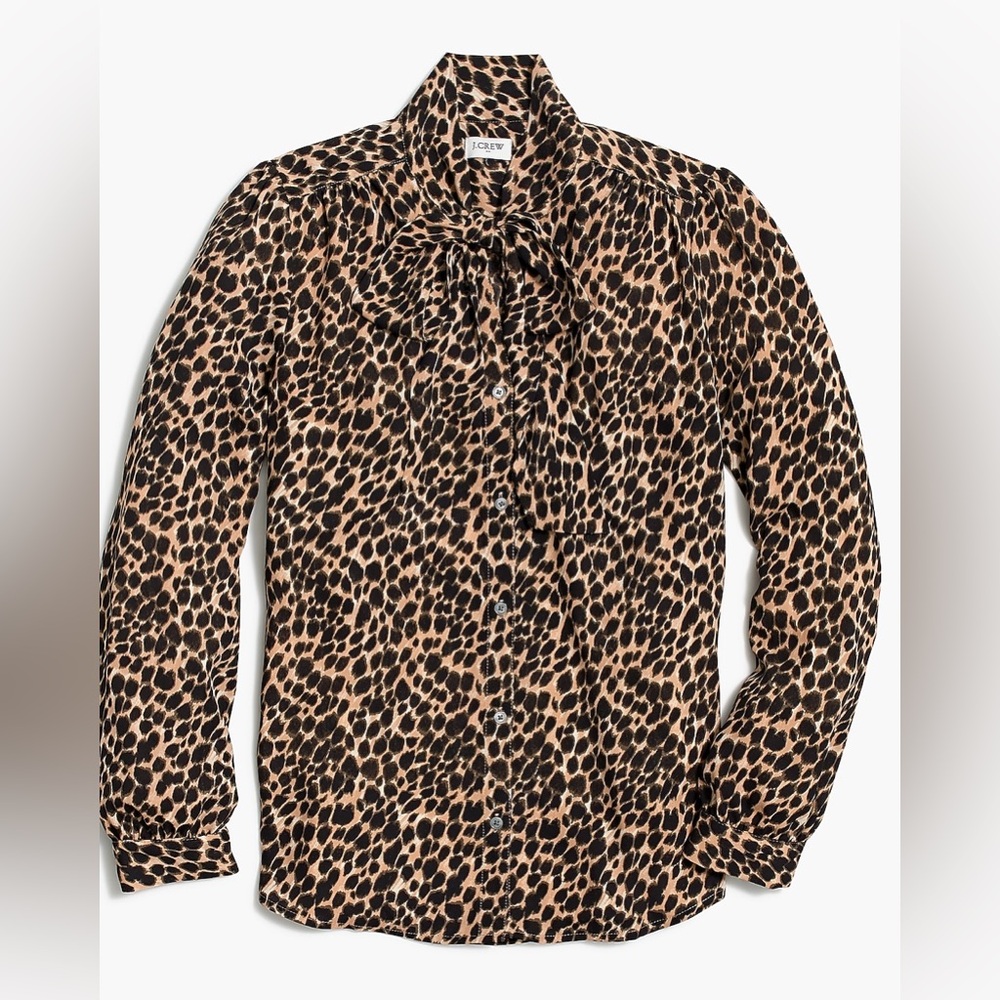 J Crew Long-sleeve Leopard Drapey Tie-neck Top‎